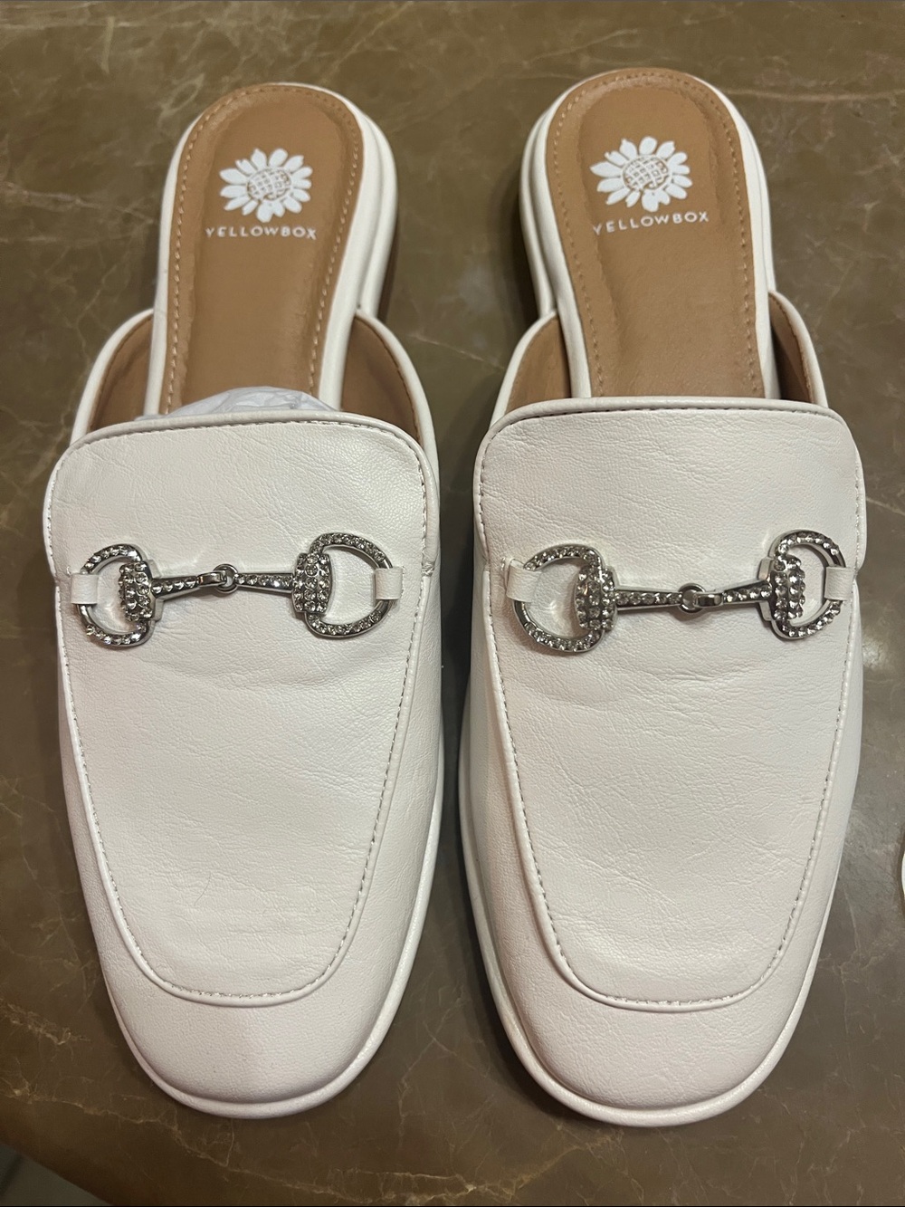 Yellow Box White Slip-On Mules with Silver Horsebit